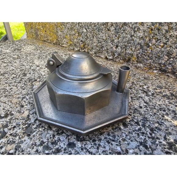Vintage Octagon Pewter Inkwell & Pen Holder Etain 2 Pc 4 1/8" by 2 1/4" - Picture 1 of 4